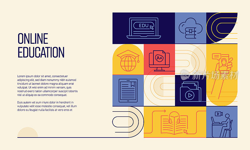 在线教育相关设计与线图标。简单轮廓符号图标。