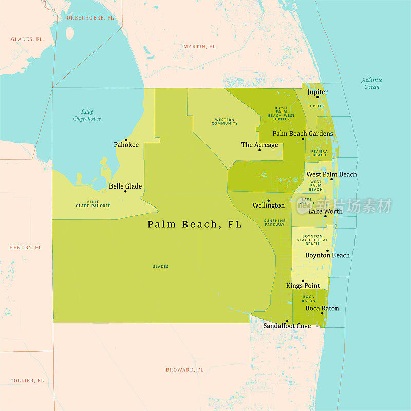 佛罗里达棕榈滩县矢量地图绿色