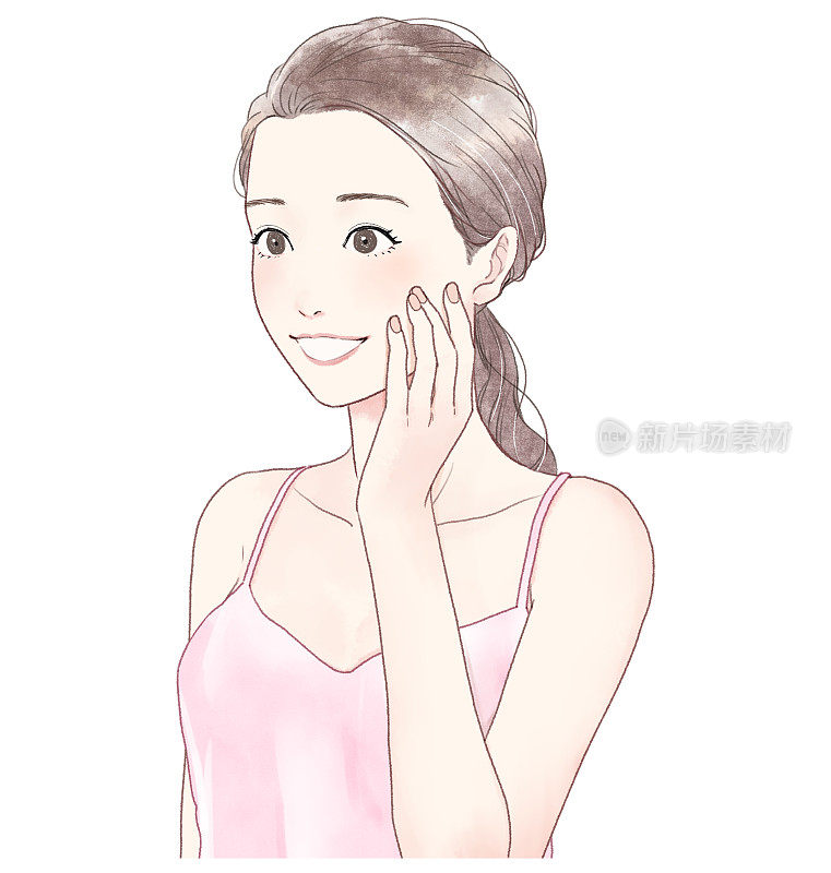 一个女人触摸她的脸颊和微笑的插图。