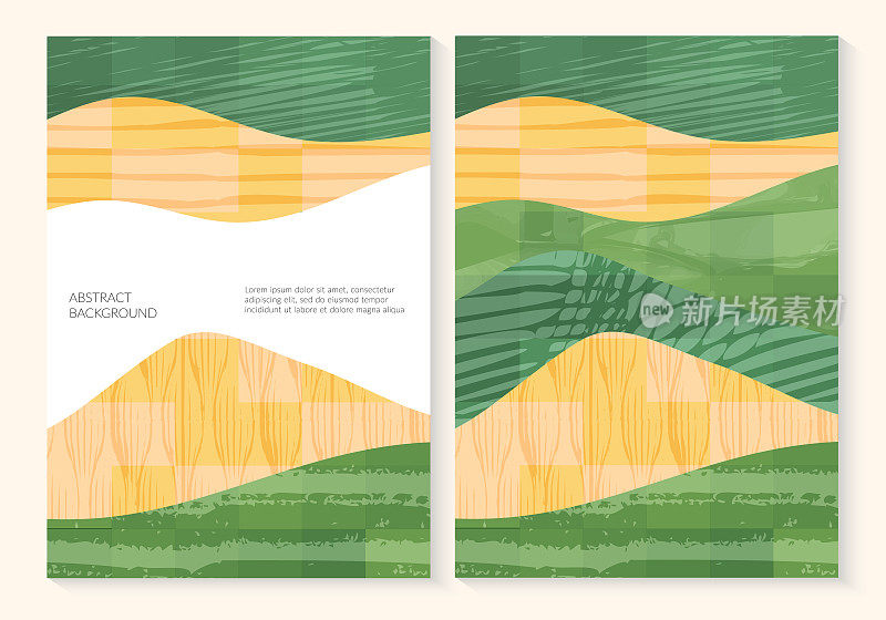 绿色抽象稻田顶部视图与纹理矢量背景。自然图案，生态插画，乡村海报设计。集农业景观，集简约生态海报