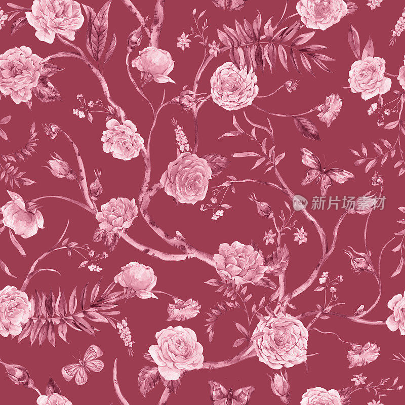 水彩画花园玫瑰花束，盛开的树无缝图案，中国风的花卉纹理上的红色