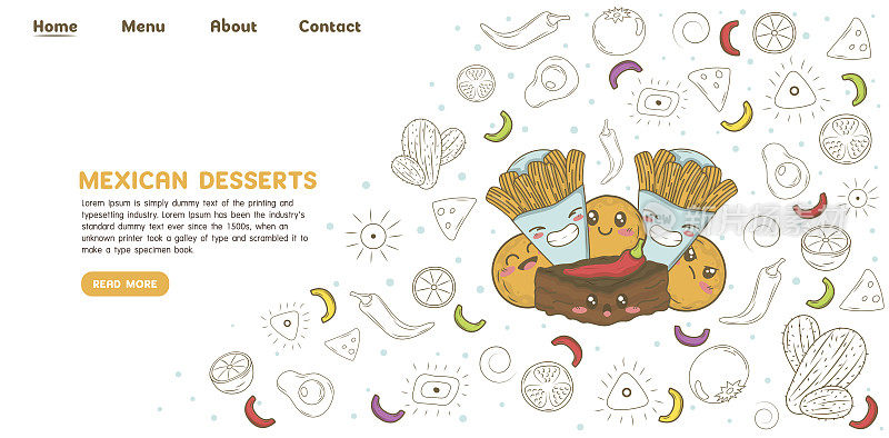 墨西哥甜点甜甜圈油条和辣椒布朗尼登陆页网站模板与涂鸦卡通元素