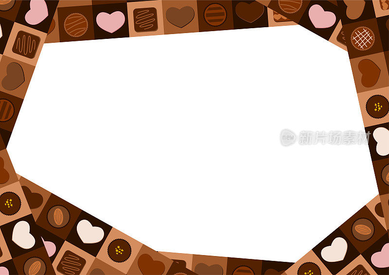巧克力框架插图。各种各样的巧克力。中间为文本留出空间。矢量插图。