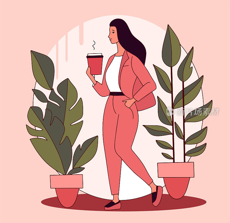 粉红色的调色板，在办公室里喝咖啡的女孩，在玻璃杯子里喝卡布奇诺的女商人，拿着咖啡杯的年轻女子，植物的花朵，平面向量