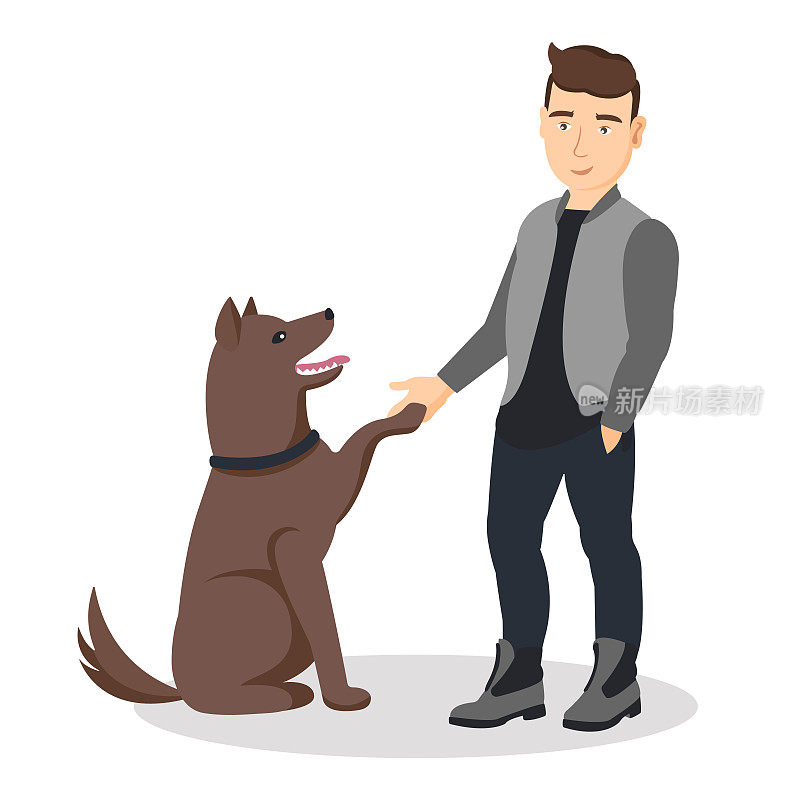 卡通人训练和教他的宠物发号施令。一只狗向它的主人伸出爪子。平面矢量卡通插图与朋友。家畜和它的主人