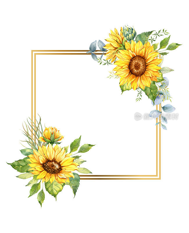 带有向日葵的花卉框架。水彩向日葵框架。黄金几何框架