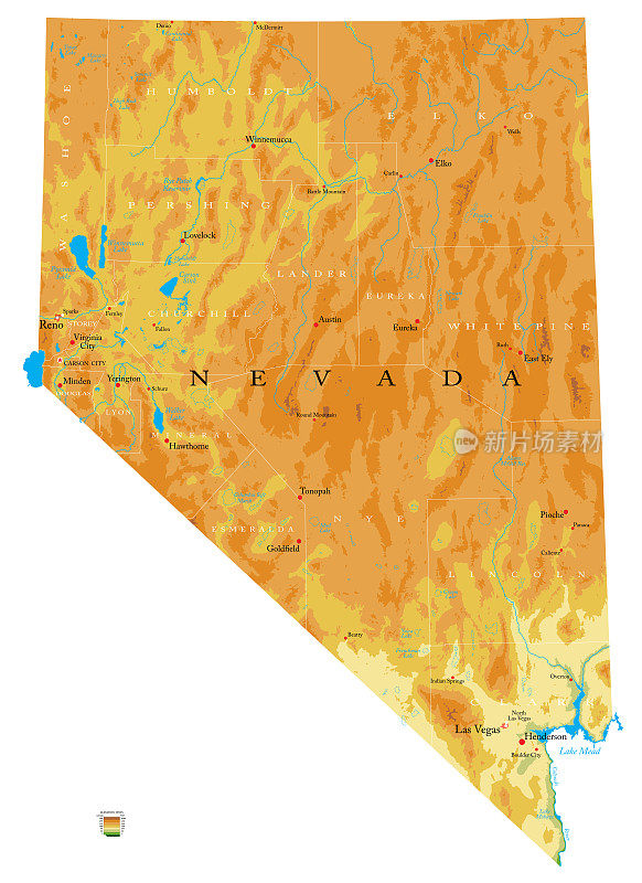 内华达高度详细的物理地图