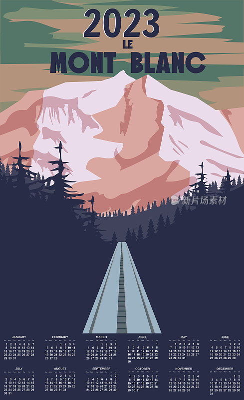 月历2023年勃朗峰阿尔卑斯山滑雪场海报，复古。勃朗峰冬季旅游卡