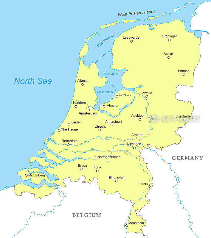 荷兰带有国家边界的政治地图