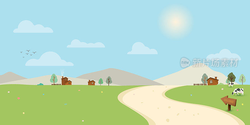 当地道路通过村庄到山上的乡村景观在阳光明媚的日子矢量插图。山上的牲畜农场和房屋，夏季天空晴朗。