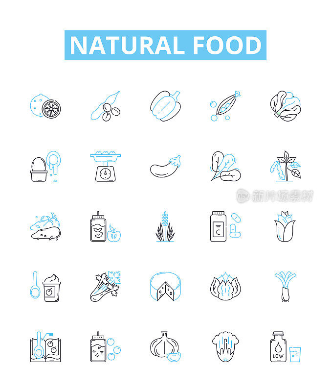 天然食品矢量线图标集。有机，整体，未经加工，新鲜，植物性，本地，素食插图概述概念符号和标志