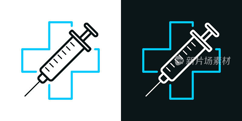 疫苗接种-疫苗准备就绪并可用。黑色或白色背景上的双色线条图标-可编辑笔触
