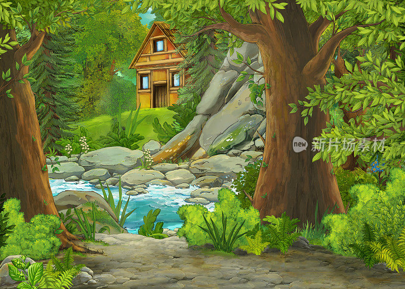 卡通场景与山和山谷与农舍和花园附近的森林和溪流插图的孩子