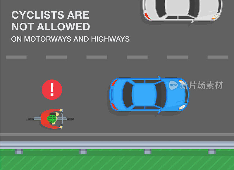 高速公路、高速公路、高速公路的交通规则。高速公路和高速公路不允许骑自行车。骑自行车的人在高速公路上骑自行车。前视图。