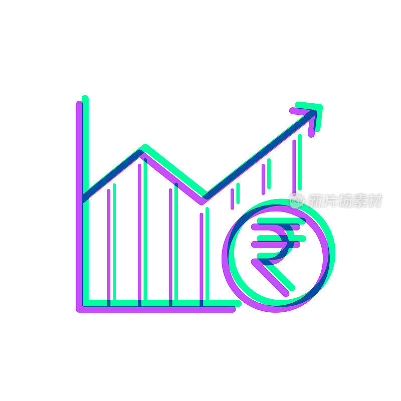 印度卢比硬币的增长图表。图标与两种颜色叠加在白色背景上
