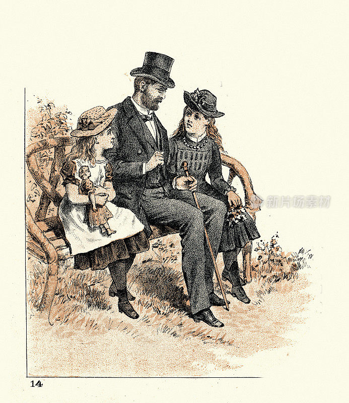 小女孩和一个男人坐在长凳上，维多利亚艺术，19世纪