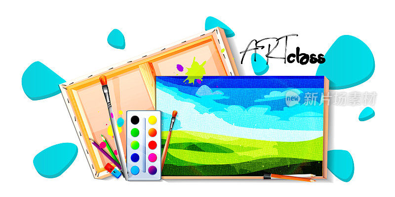 以卡通风格的学校教育理念。艺术班。在木担架上的帆布上，一个夏天用画笔和铅笔在白色的背景上画了一幅森林风景的画。时尚的创意矢量集。
