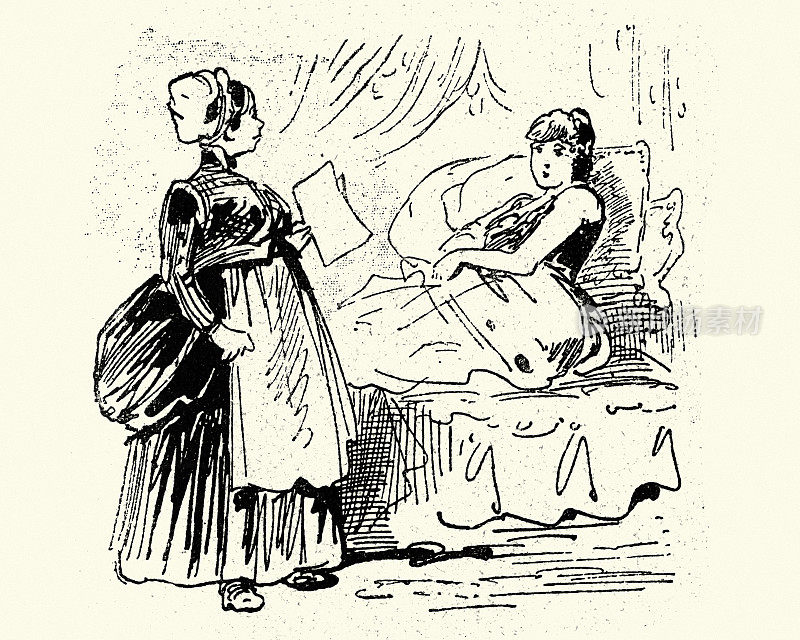 维多利亚时代的一个年轻女人被女仆叫醒的漫画