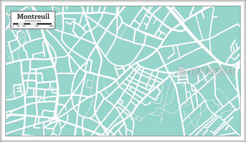 蒙特勒伊法国城市地图复古风格。略图。