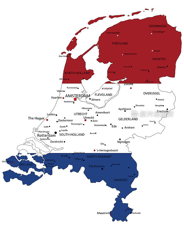 荷兰详细的政治地图与国旗。