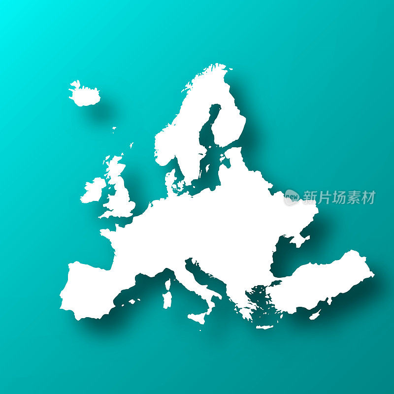 欧洲地图上的蓝绿色背景与阴影