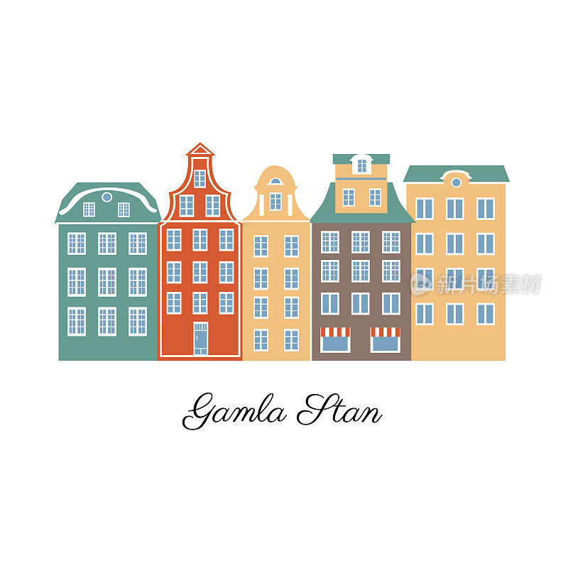 瑞典斯德哥尔摩的格拉斯坦地标建筑，瑞典的卡通载体孤立于白色，装饰图标的风格，建筑历史景点，旅游观光为设计地图