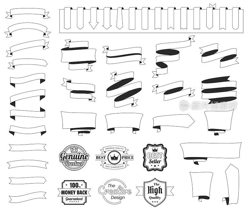 一套丝带，横幅，徽章，标签(轮廓，线条艺术)-设计元素在白色的背景