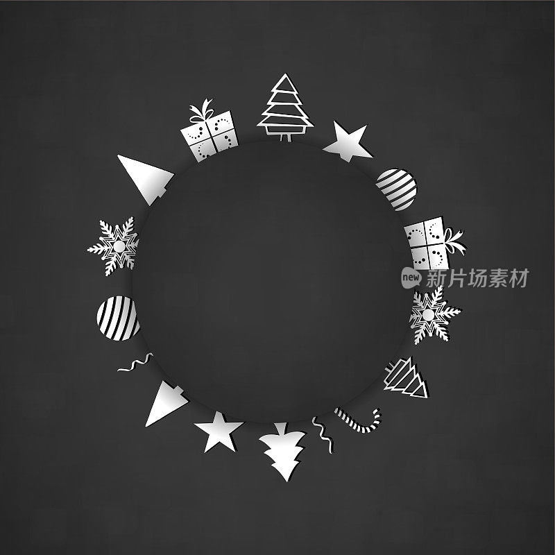 一个创造性的黑色圣诞背景与圆形补丁和白色的圣诞树和装饰品的矢量插图