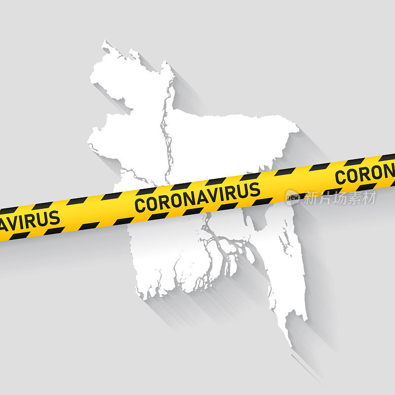 孟加拉国地图与冠状病毒警告胶带。Covid-19爆发