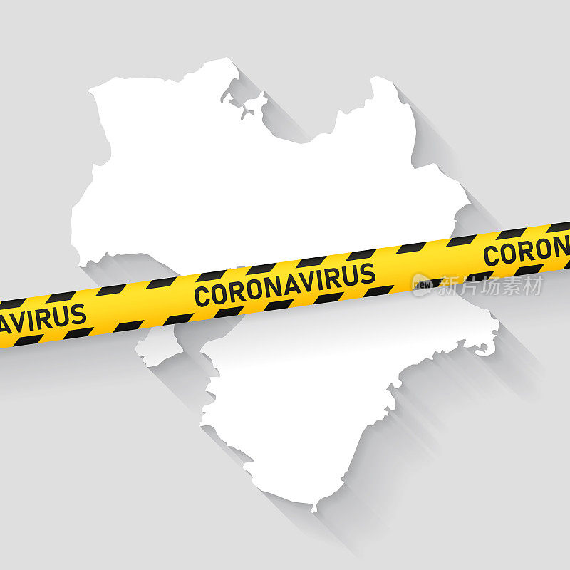关西地图与冠状病毒警告胶带。Covid-19爆发