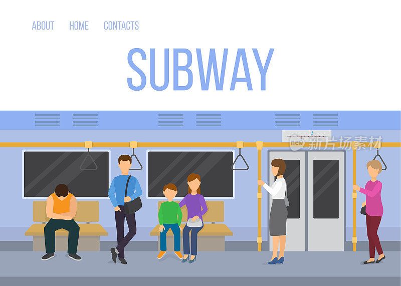 地铁地下列车车厢内部与通勤乘客坐立矢量插图。蓝色的赛百味模板。