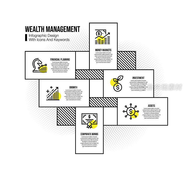 信息图表设计模板与财富管理的关键字和图标