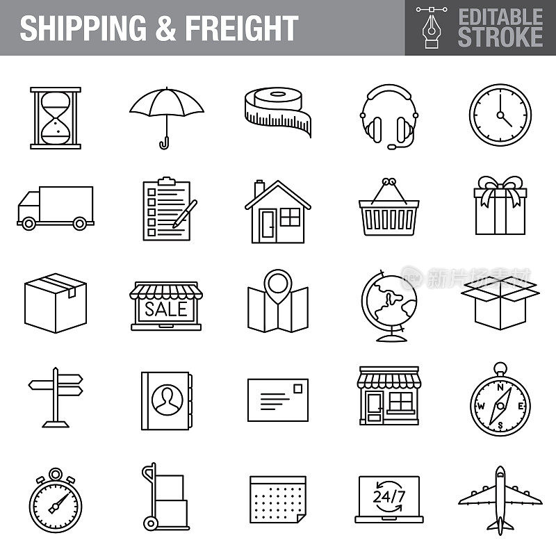 航运和货运可编辑的笔触图标设置
