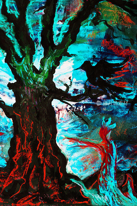 时尚的插图寓言现代艺术我在画布上的原始油画印象派风景与一个夕阳黑鸟坐在树枝上和一个童话公主戴着皇冠在蓝天和一棵大树的树干