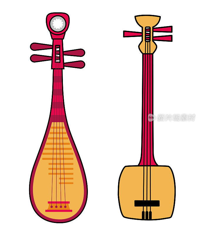 三味线和日本琵琶。日本民族乐器弦乐器。