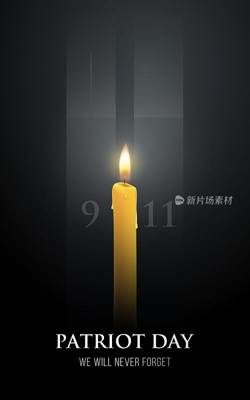 爱国者的海报。矢量横幅蜡烛，双塔形状和文字我们永远不会忘记。2001年9月11日。美国爱国插图。
