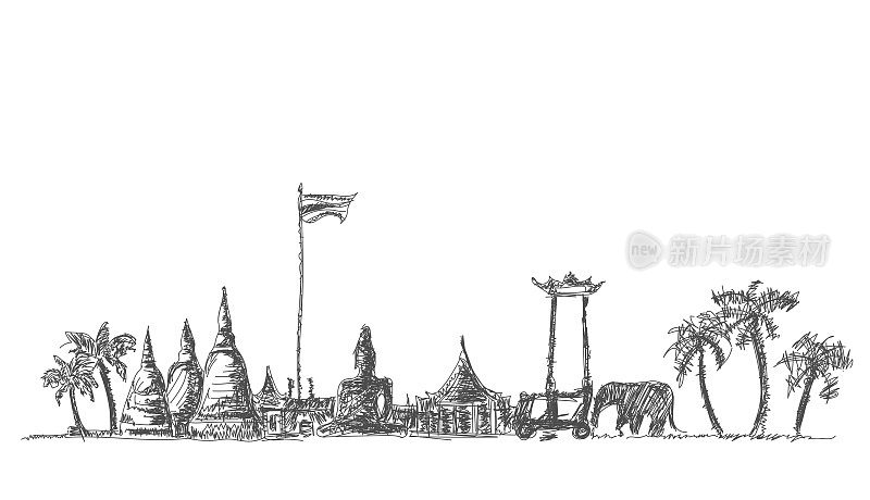 素描地标泰国重要地点-背景创意现代。
