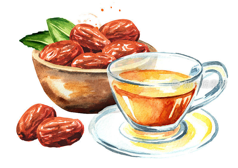 一碗乌纳比干果、酸枣和一杯凉茶。手绘水彩插图孤立的白色背景