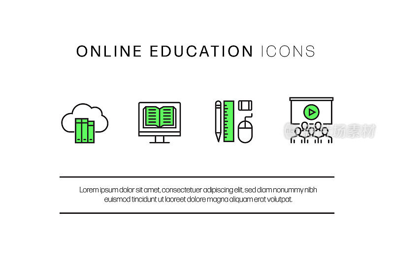 在线教育，电子学习，家庭学校相关的现代矢量图标