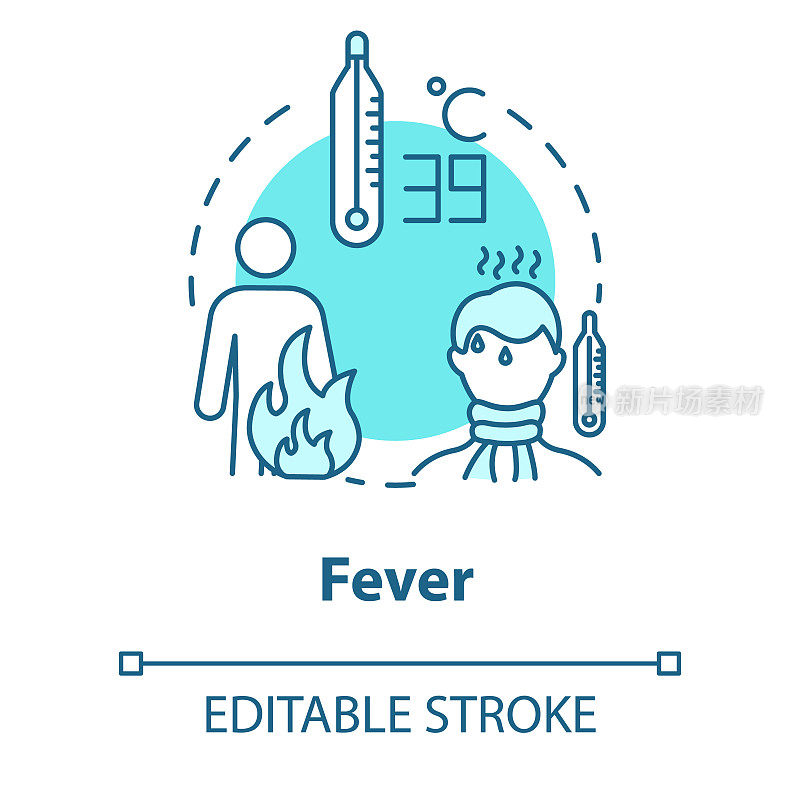 热概念图标。温度计检查。从病毒炎症。病人不适。身体疼痛。流感症状意念细线说明。矢量隔离轮廓RGB彩色绘图。可编辑的中风