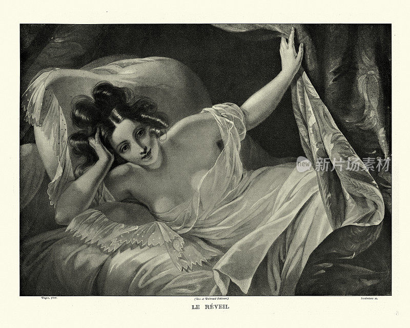 19世纪早期，一个年轻女人躺在床上的肖像