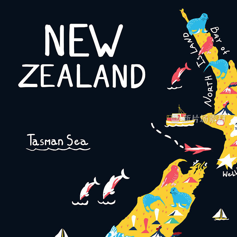 手绘新西兰插图手绘地图。