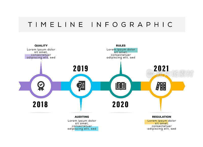 信息图表设计模板。4个选项或步骤的质量，审计，规则，规则图标。
