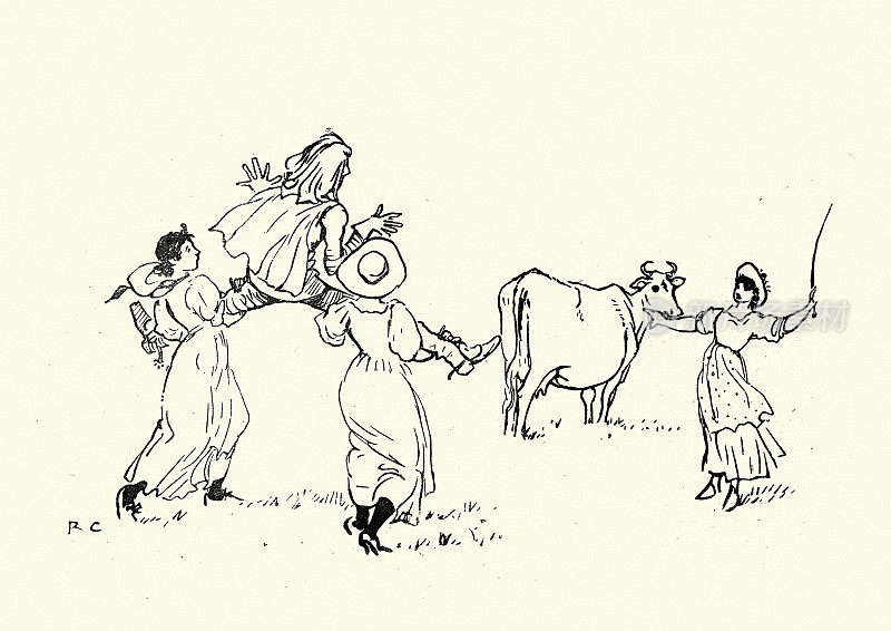 挤奶的姑娘们抬着牛向乡绅走去
