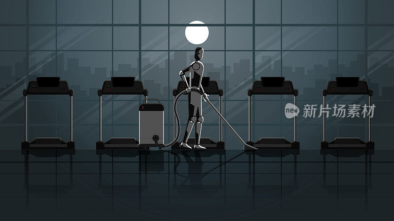 机器人取代人类。人工智能机制在健身中心的跑步机上进行24小时的清洁和工作，在黑暗和满月，没有人。失业的人在未来找工作。