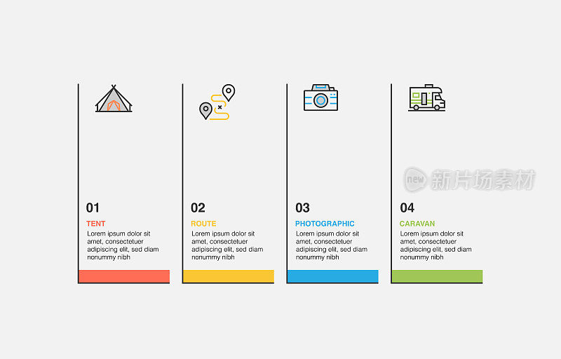 信息图表设计模板。帐篷，路线，摄影，大篷车图标与4个选项或步骤。