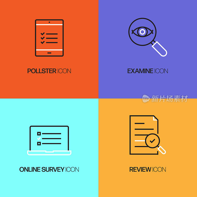 调查和评价相关的线图标。向量符号说明。