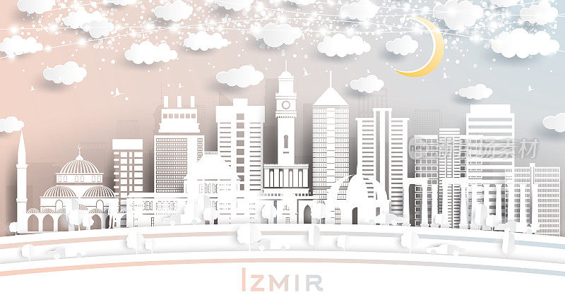 土耳其伊兹密尔城市天际线剪纸风格的白色建筑，月亮和霓虹灯花环。