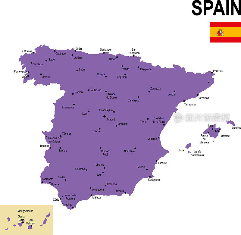 西班牙彩色平面地图与旗帜