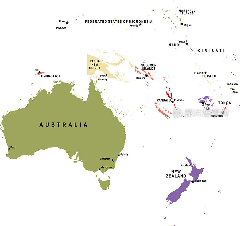 大洋洲彩色平面地图